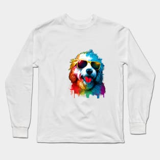 Colourful Cool Labradoodle Dog with Sunglasses Long Sleeve T-Shirt